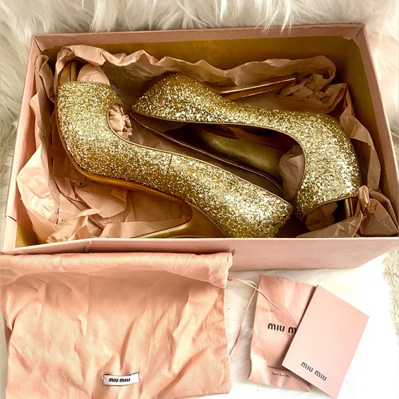 ✨MIU MIU✨ GOLD Glitter Stiletto Pumps Peep Toe Platform Heels Size 41 (10-10.5) - Picture 8 of 8